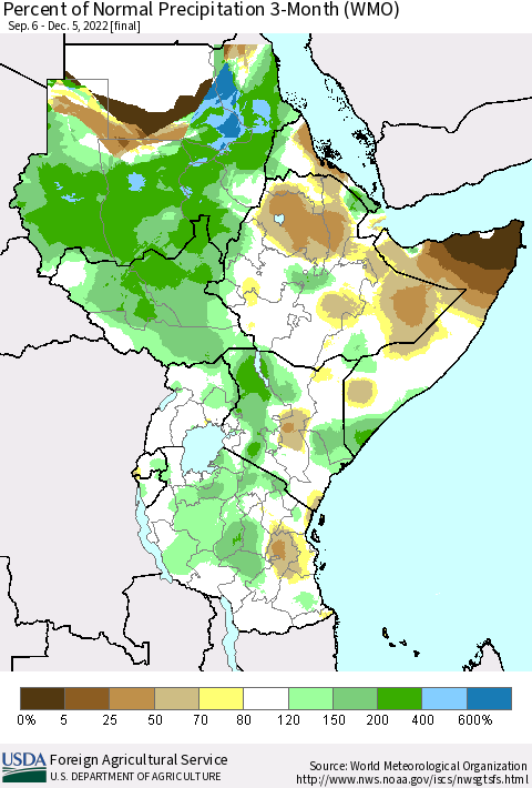 Eastern Africa Percent of Normal Precipitation 3-Month (WMO) Thematic Map For 9/6/2022 - 12/5/2022