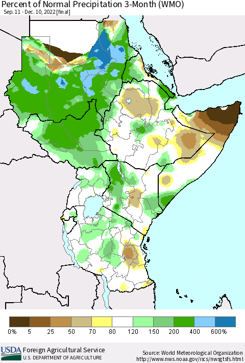 Eastern Africa Percent of Normal Precipitation 3-Month (WMO) Thematic Map For 9/11/2022 - 12/10/2022