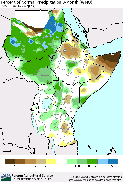 Eastern Africa Percent of Normal Precipitation 3-Month (WMO) Thematic Map For 9/16/2022 - 12/15/2022