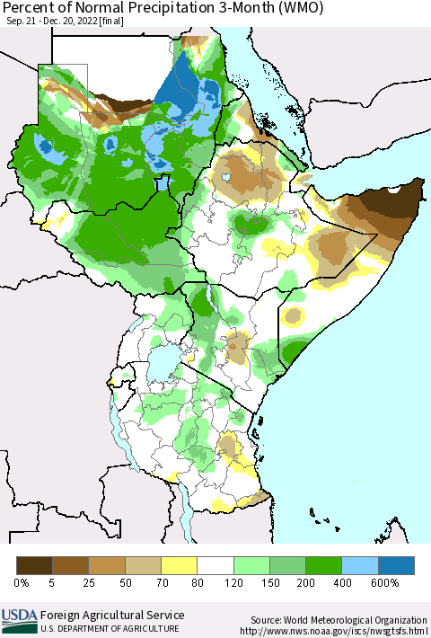 Eastern Africa Percent of Normal Precipitation 3-Month (WMO) Thematic Map For 9/21/2022 - 12/20/2022