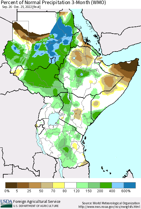 Eastern Africa Percent of Normal Precipitation 3-Month (WMO) Thematic Map For 9/26/2022 - 12/25/2022