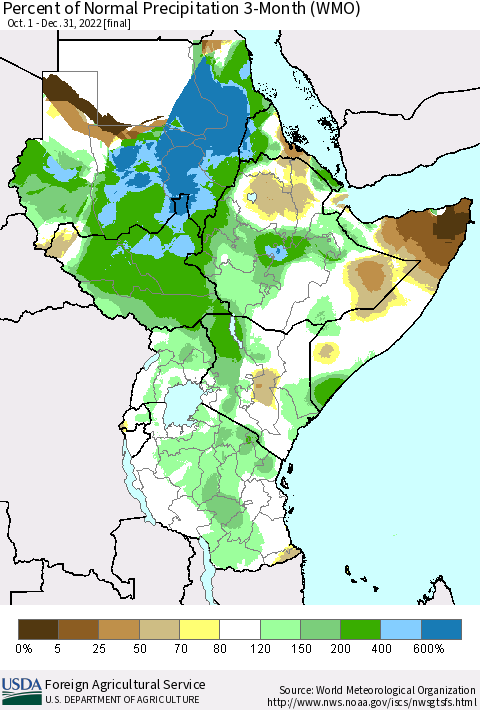 Eastern Africa Percent of Normal Precipitation 3-Month (WMO) Thematic Map For 10/1/2022 - 12/31/2022