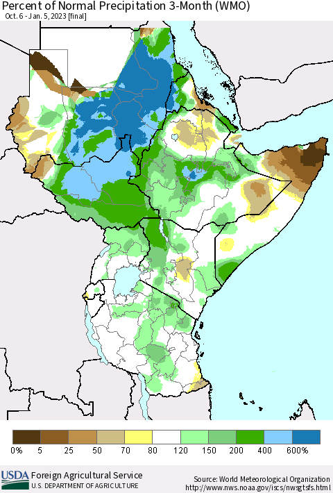 Eastern Africa Percent of Normal Precipitation 3-Month (WMO) Thematic Map For 10/6/2022 - 1/5/2023