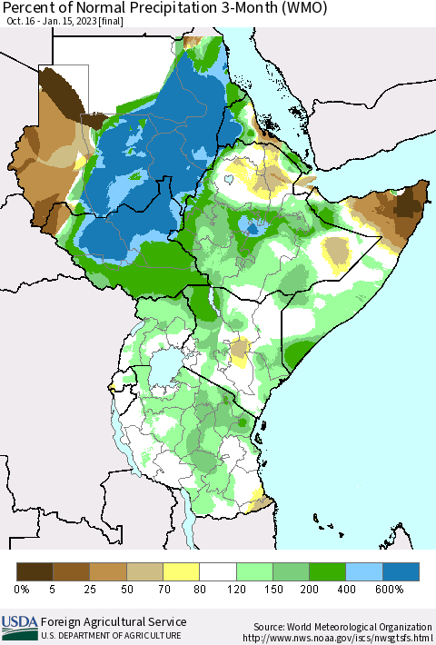 Eastern Africa Percent of Normal Precipitation 3-Month (WMO) Thematic Map For 10/16/2022 - 1/15/2023
