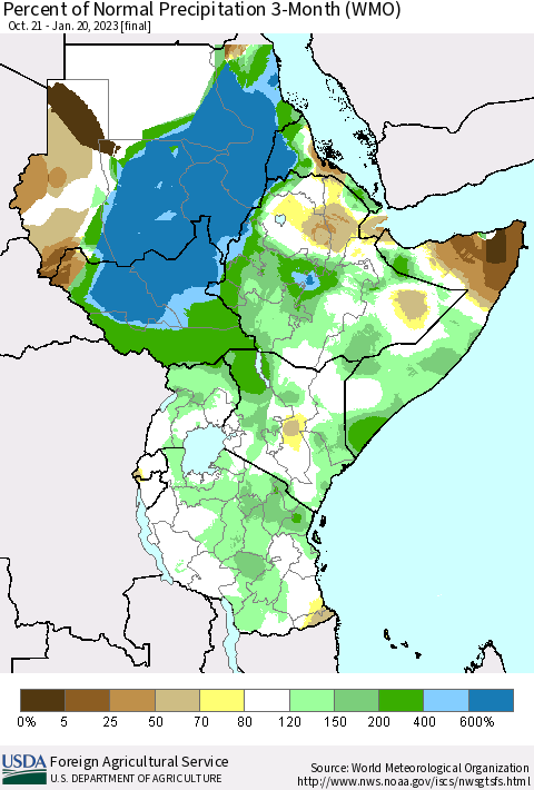 Eastern Africa Percent of Normal Precipitation 3-Month (WMO) Thematic Map For 10/21/2022 - 1/20/2023