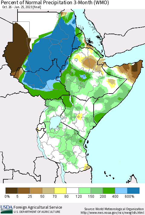 Eastern Africa Percent of Normal Precipitation 3-Month (WMO) Thematic Map For 10/26/2022 - 1/25/2023