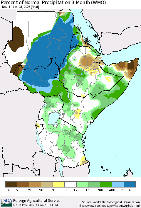 Eastern Africa Percent of Normal Precipitation 3-Month (WMO) Thematic Map For 11/1/2022 - 1/31/2023