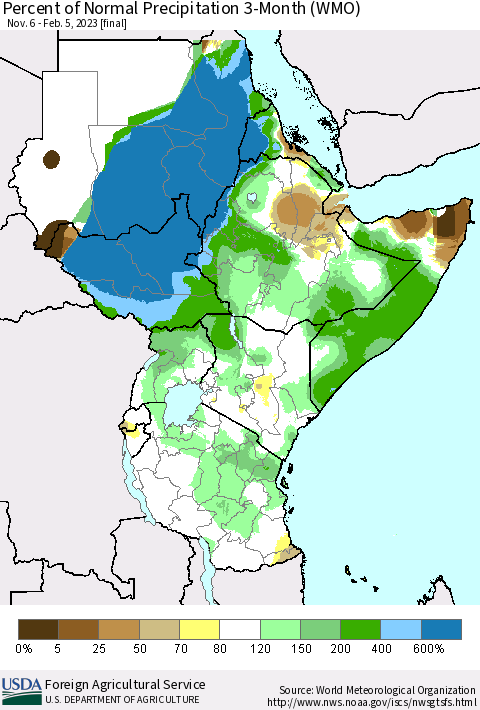 Eastern Africa Percent of Normal Precipitation 3-Month (WMO) Thematic Map For 11/6/2022 - 2/5/2023