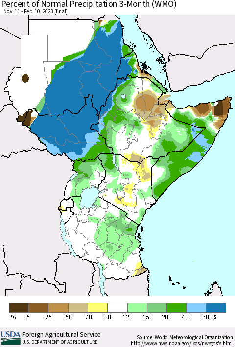 Eastern Africa Percent of Normal Precipitation 3-Month (WMO) Thematic Map For 11/11/2022 - 2/10/2023