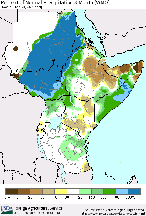 Eastern Africa Percent of Normal Precipitation 3-Month (WMO) Thematic Map For 11/21/2022 - 2/20/2023