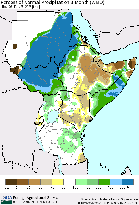 Eastern Africa Percent of Normal Precipitation 3-Month (WMO) Thematic Map For 11/26/2022 - 2/25/2023
