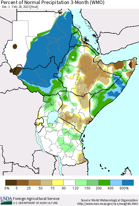 Eastern Africa Percent of Normal Precipitation 3-Month (WMO) Thematic Map For 12/1/2022 - 2/28/2023