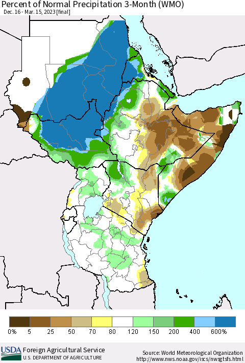 Eastern Africa Percent of Normal Precipitation 3-Month (WMO) Thematic Map For 12/16/2022 - 3/15/2023