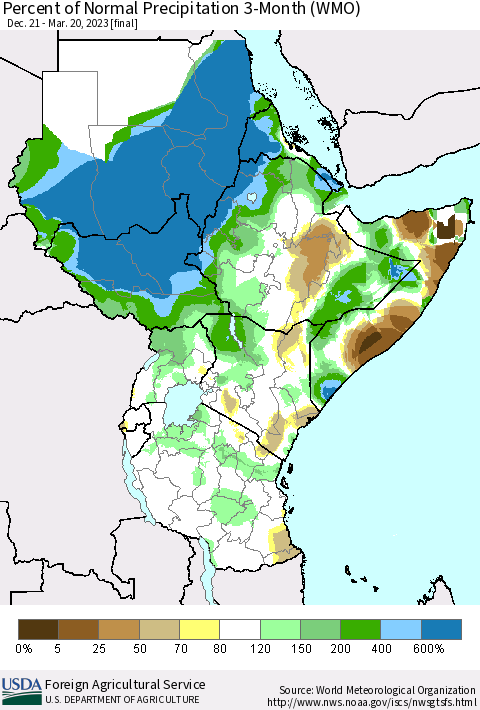 Eastern Africa Percent of Normal Precipitation 3-Month (WMO) Thematic Map For 12/21/2022 - 3/20/2023