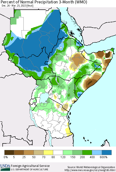Eastern Africa Percent of Normal Precipitation 3-Month (WMO) Thematic Map For 12/26/2022 - 3/25/2023