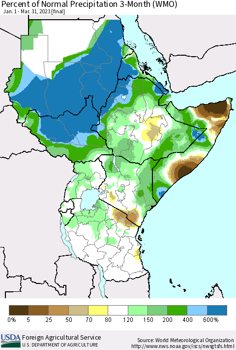 Eastern Africa Percent of Normal Precipitation 3-Month (WMO) Thematic Map For 1/1/2023 - 3/31/2023
