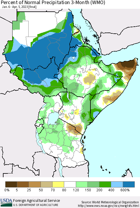 Eastern Africa Percent of Normal Precipitation 3-Month (WMO) Thematic Map For 1/6/2023 - 4/5/2023