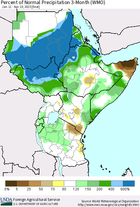 Eastern Africa Percent of Normal Precipitation 3-Month (WMO) Thematic Map For 1/11/2023 - 4/10/2023
