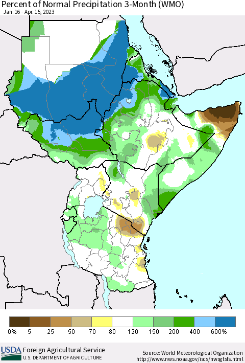 Eastern Africa Percent of Normal Precipitation 3-Month (WMO) Thematic Map For 1/16/2023 - 4/15/2023