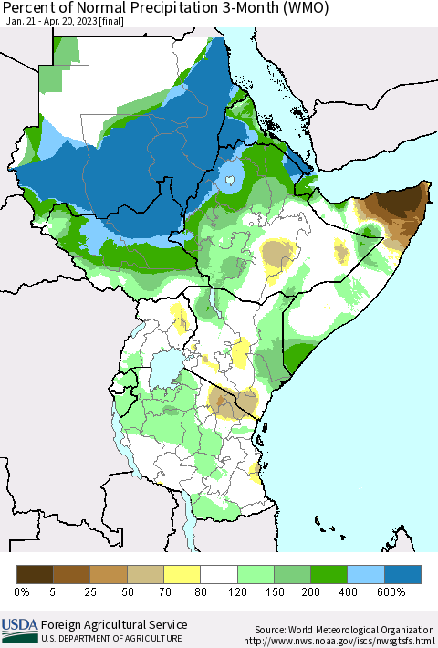 Eastern Africa Percent of Normal Precipitation 3-Month (WMO) Thematic Map For 1/21/2023 - 4/20/2023