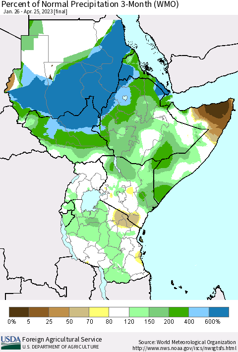Eastern Africa Percent of Normal Precipitation 3-Month (WMO) Thematic Map For 1/26/2023 - 4/25/2023