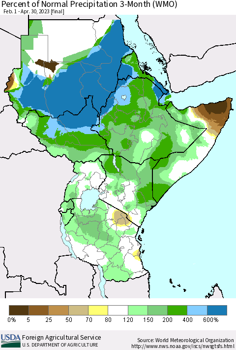 Eastern Africa Percent of Normal Precipitation 3-Month (WMO) Thematic Map For 2/1/2023 - 4/30/2023