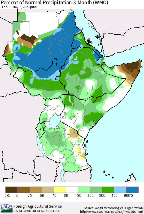 Eastern Africa Percent of Normal Precipitation 3-Month (WMO) Thematic Map For 2/6/2023 - 5/5/2023