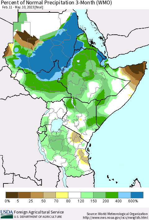 Eastern Africa Percent of Normal Precipitation 3-Month (WMO) Thematic Map For 2/11/2023 - 5/10/2023