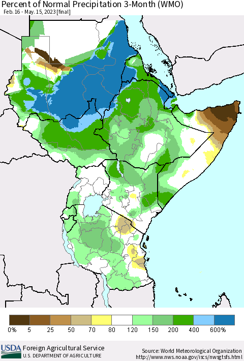 Eastern Africa Percent of Normal Precipitation 3-Month (WMO) Thematic Map For 2/16/2023 - 5/15/2023