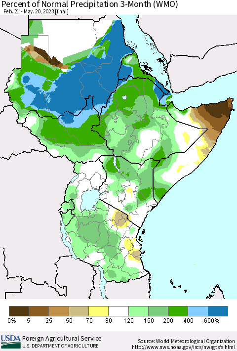 Eastern Africa Percent of Normal Precipitation 3-Month (WMO) Thematic Map For 2/21/2023 - 5/20/2023