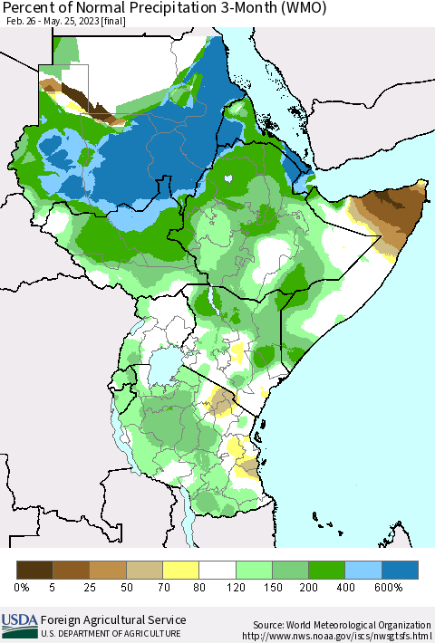 Eastern Africa Percent of Normal Precipitation 3-Month (WMO) Thematic Map For 2/26/2023 - 5/25/2023