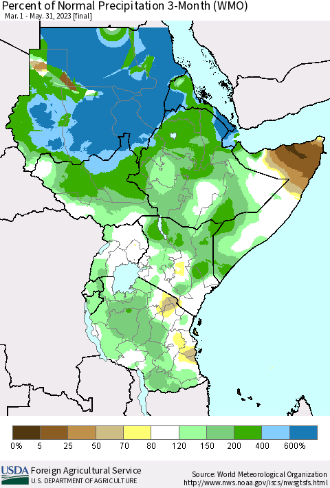 Eastern Africa Percent of Normal Precipitation 3-Month (WMO) Thematic Map For 3/1/2023 - 5/31/2023