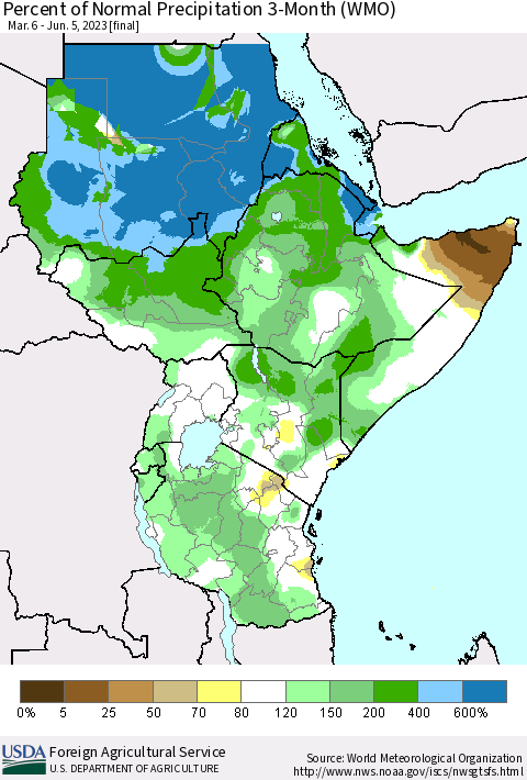 Eastern Africa Percent of Normal Precipitation 3-Month (WMO) Thematic Map For 3/6/2023 - 6/5/2023