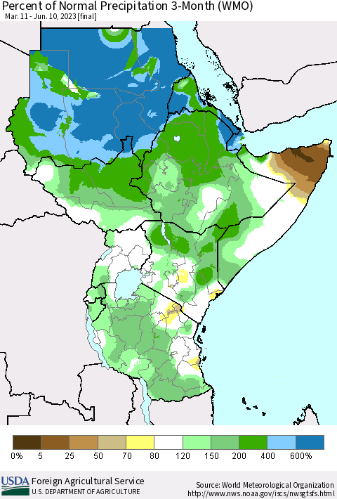 Eastern Africa Percent of Normal Precipitation 3-Month (WMO) Thematic Map For 3/11/2023 - 6/10/2023