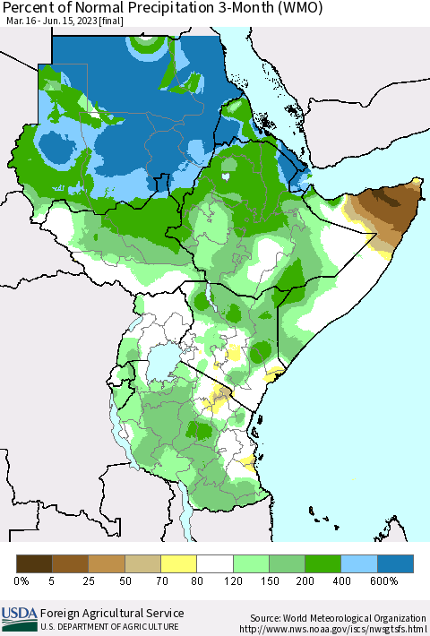 Eastern Africa Percent of Normal Precipitation 3-Month (WMO) Thematic Map For 3/16/2023 - 6/15/2023