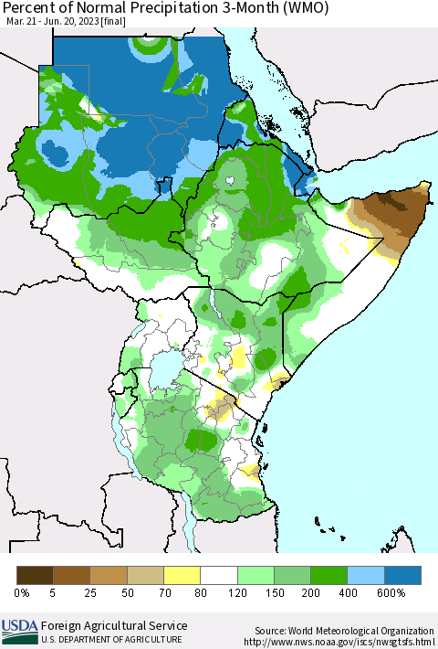 Eastern Africa Percent of Normal Precipitation 3-Month (WMO) Thematic Map For 3/21/2023 - 6/20/2023