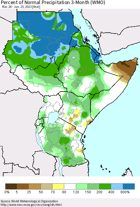 Eastern Africa Percent of Normal Precipitation 3-Month (WMO) Thematic Map For 3/26/2023 - 6/25/2023
