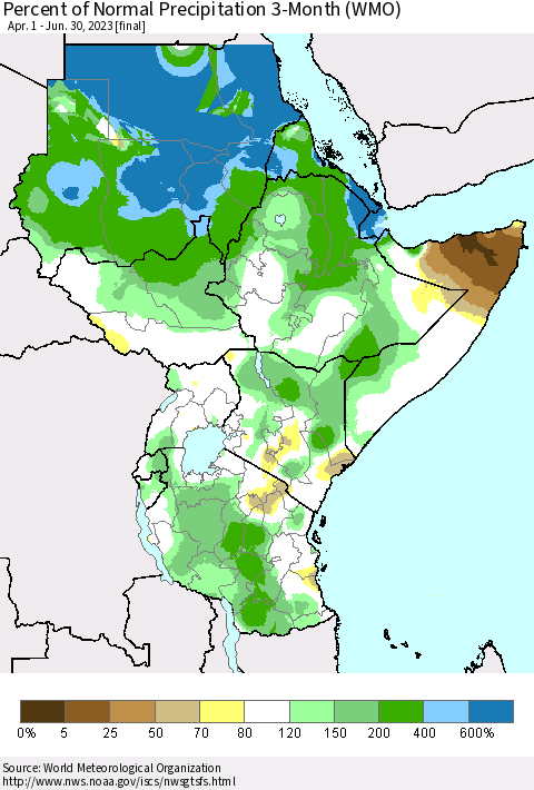 Eastern Africa Percent of Normal Precipitation 3-Month (WMO) Thematic Map For 4/1/2023 - 6/30/2023