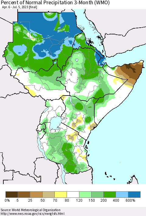 Eastern Africa Percent of Normal Precipitation 3-Month (WMO) Thematic Map For 4/6/2023 - 7/5/2023