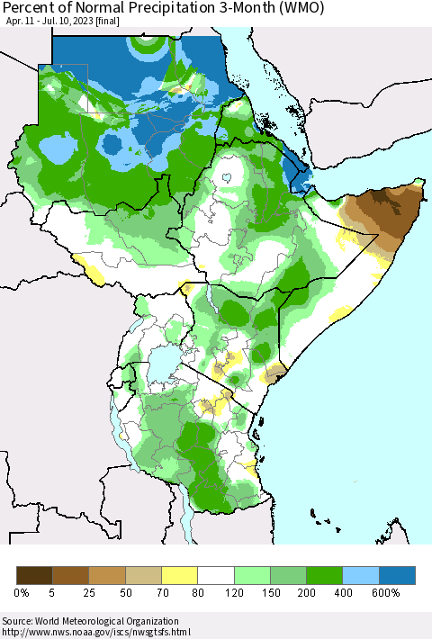 Eastern Africa Percent of Normal Precipitation 3-Month (WMO) Thematic Map For 4/11/2023 - 7/10/2023