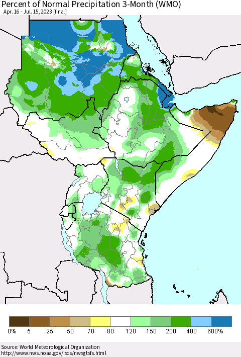 Eastern Africa Percent of Normal Precipitation 3-Month (WMO) Thematic Map For 4/16/2023 - 7/15/2023