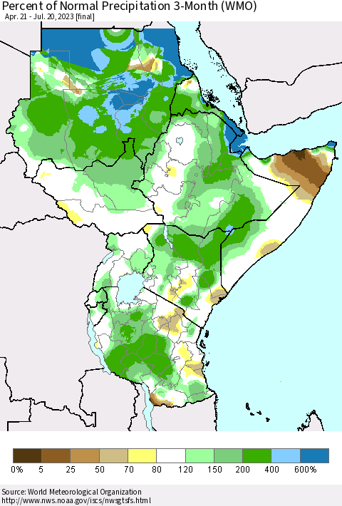 Eastern Africa Percent of Normal Precipitation 3-Month (WMO) Thematic Map For 4/21/2023 - 7/20/2023