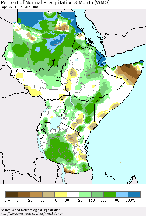 Eastern Africa Percent of Normal Precipitation 3-Month (WMO) Thematic Map For 4/26/2023 - 7/25/2023
