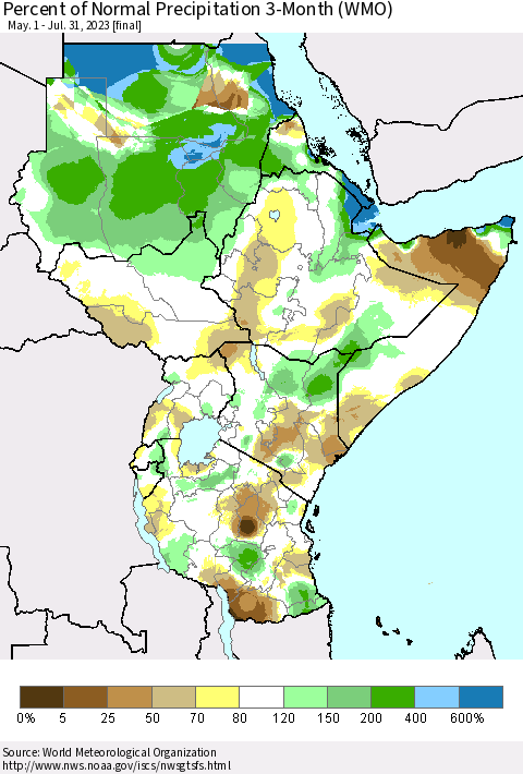 Eastern Africa Percent of Normal Precipitation 3-Month (WMO) Thematic Map For 5/1/2023 - 7/31/2023