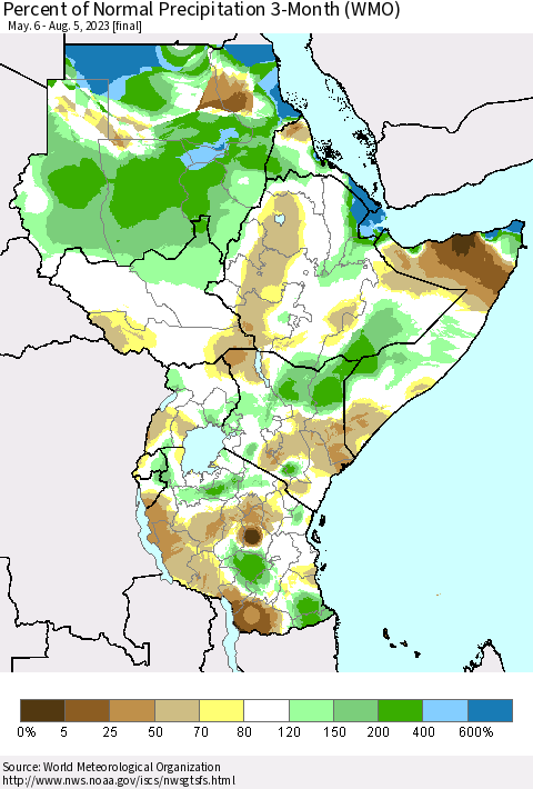 Eastern Africa Percent of Normal Precipitation 3-Month (WMO) Thematic Map For 5/6/2023 - 8/5/2023
