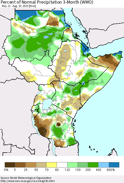 Eastern Africa Percent of Normal Precipitation 3-Month (WMO) Thematic Map For 5/11/2023 - 8/10/2023