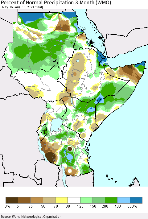 Eastern Africa Percent of Normal Precipitation 3-Month (WMO) Thematic Map For 5/16/2023 - 8/15/2023