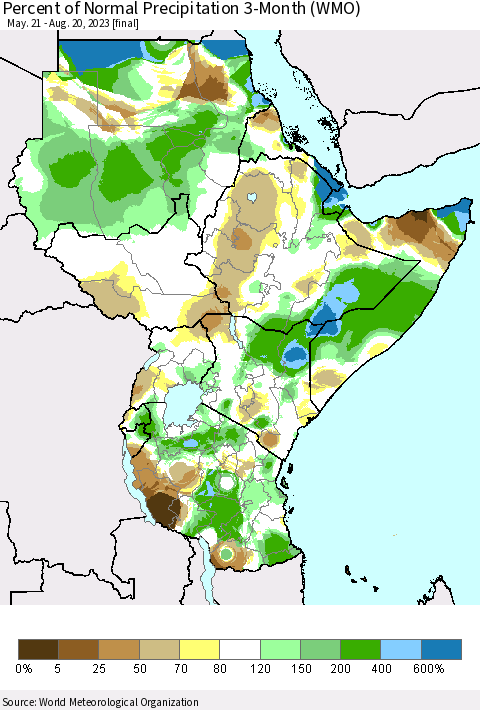 Eastern Africa Percent of Normal Precipitation 3-Month (WMO) Thematic Map For 5/21/2023 - 8/20/2023