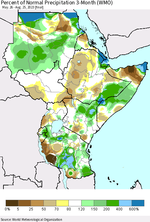 Eastern Africa Percent of Normal Precipitation 3-Month (WMO) Thematic Map For 5/26/2023 - 8/25/2023