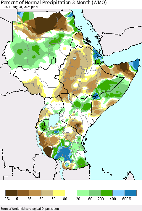 Eastern Africa Percent of Normal Precipitation 3-Month (WMO) Thematic Map For 6/1/2023 - 8/31/2023